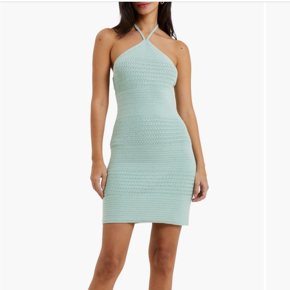 French Connection cotton crochet halter dress in aqua foam